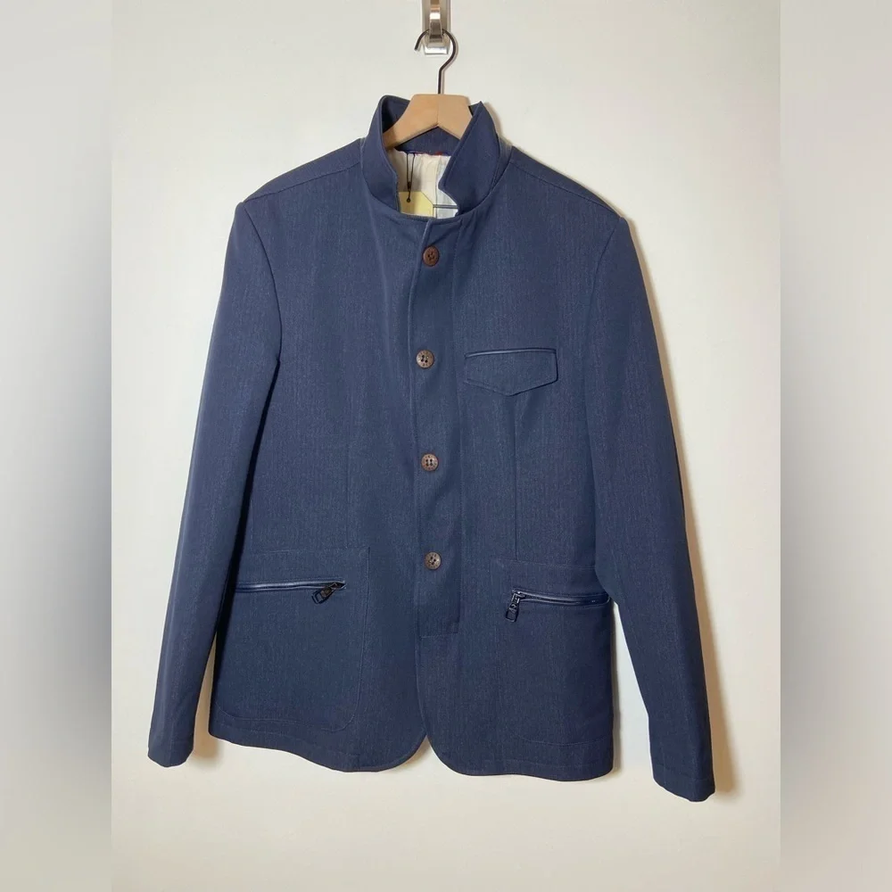 RNT23 Blazer Jacket Mens Size 46 Denim Leather Trim Full Zip Sport Coat NWT $259
